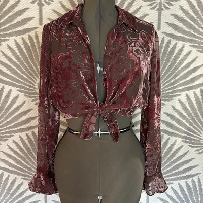 Blusa Transparente Veludo Burnout Antiga Tamanho G Borgonha Floral Botão Frontal Gravata Top Falha - Imagem 1 de 4