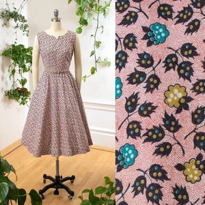 Vintage 1950s Sundress 50s Fruit Novelty Print Cotton Fit Flare Pink Day Dress - Picture 1 of 9