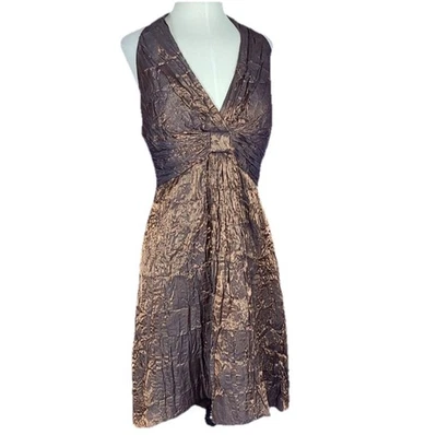 Y2K Brown Gold Metallic Halter Midi Dress Fairycore Boho Nicole Miller Size 12 - Image 1 of 4