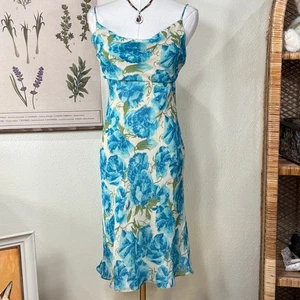 Vintage Y2k Blue Floral Cowl Neck Silk Dress Romantic Fairy Coquette Coastal 4 - Picture 1 of 6
