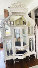 English Antique White Wood Curve Glass Curio Cupboard Ornate Display Cabinet