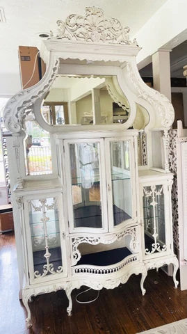 English Antique White Wood Curve Glass Curio Cupboard Ornate Display Cabinet Cover