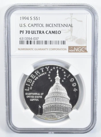 1994-S PF70 US Capitol Bicentennial Commemorative Silver Dollar NGC Cover