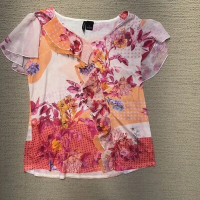 New Direction Women’s Blouse M Floral Patchwork Polka Dot Sheer Ruffle Boho - Image 1 of 4