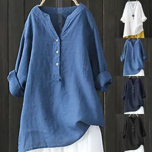 Plus Size Women Cotton Linen Tunic Tops Ladies Baggy Oversized T-Shirt Blouse UK - Picture 1 of 10