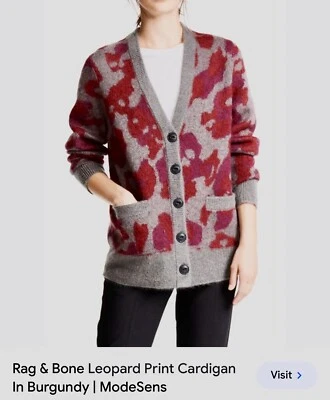 Cárdigan de lana estampado leopardo Rag & Bone, talla XS, color burdeos y gris Foto 1 de 4