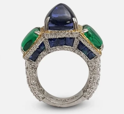 Simulated Blue, White Sapphire & Green Emerald Art Deco Royal Luxury Women Ring - Image 1 of 4