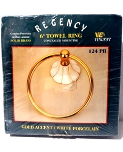 VTG Regency 6" Solid Brass Towel Ring with Porcelain Mount New Sealed - Picture 1 of 6