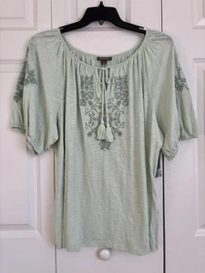 STYLE & CO. WOMEN'S TOPS SIZE 3X GREEN EMBROIDERED PEASANT SHORT PUFF SLEEVES - Picture 1 of 8