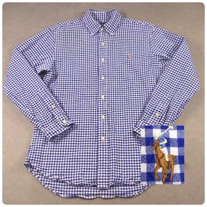 Ralph Lauren Mens Slim Fit Stretch Oxford Shirt Medium Blue Check Colourful Logo - Picture 1 of 18