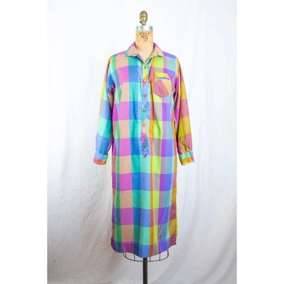 Vintage 60s Colorful Plaid Rainbow Shift Dress Indie Artsy Retro Cotton Blend M  - Image 1 of 4