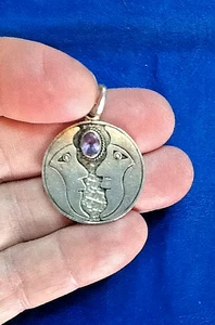 STERLING PENDANT W / AMETHYST GEMSTONE, SUN & CRESCENT MOON (NO CHAIN)  050123E - Picture 1 of 3