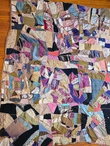 Antique Crazy Quilt embroidery Velvet Silk Lace 58" X 90" - Picture 1 of 7