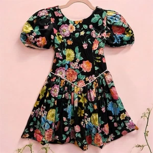 VTG Amy Byer Colorful Floral Puff Sleeve Fit and Flare Dress Velvet Sz 8 Girls - Picture 1 of 13