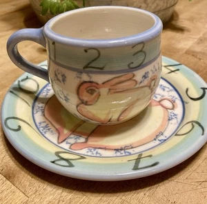 2 Piece Child’s Cup And Plate Set Handmade Pottery Bunny Theme - Picture 1 of 10
