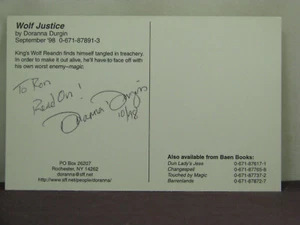 signed by author Doranna Durgin, promotional postcard for her book Wolf Justice - Picture 1 of 2