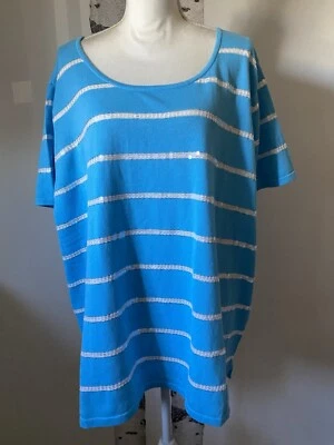 Quacker Factory Size 3X Blue Striped Sweater Short Sleeve Stretch 100% Cotton - Image 1 of 4