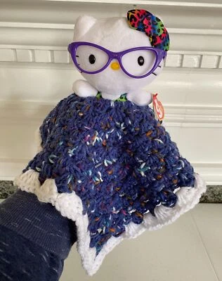 Lovey Kitty Cat w/ Glasses Handmade Removable Security Blanket Crochet Blue 12" - Image 1 of 2
