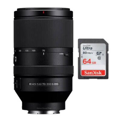 Lente teleobjetivo zoom Sony FE 70-300 mm f/4,5-5,6 G OSS E montura y tarjeta SD de 64 GB Foto 1 de 4