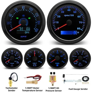 6 Gauge Set 85mm Black GPS Speedometer 160MPH Tacho&Fuel/Oil/Volt/Temp W/Sensor - Picture 1 of 9