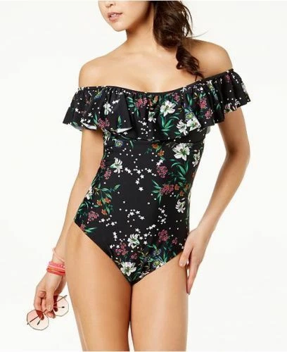 Raisins Women's Stars Bloom Removable Straps Ruffled Swimsuit XL Black