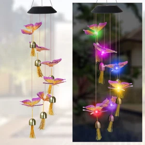 LED Butterfly With Bell Solar Wind Chime Powered Light Color-Changing Yard Décor - Picture 1 of 6