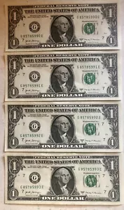 4 Consecutive $1 Dollar Bills In Circulated Condition - Picture 1 of 2