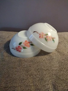 1950s FireKing 7.5" Peach Blossom Nesting Bowls 2 Milk Glass Hand Painted Mint C - Picture 1 of 9