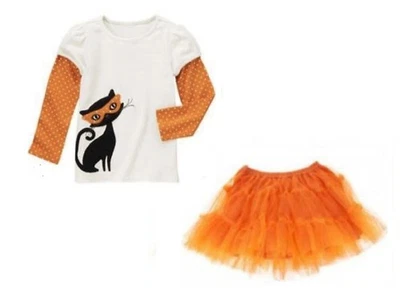 NWT Gymboree Halloween Cat With Mask Top And Orange Tulle Tutu Outfit - Image 1 of 3