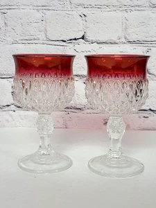 2er Set Vintage Indiana Glas Rubin geblitzt Diamant Spitze 5 3/8" Weinkelche SCHÖN! - Bild 1 von 9