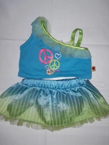 Build-A-Bear Peace and Love Green Blue Shirt Cold Shoulder & Skirt BAB BAW Set 2 - Picture 1 of 5