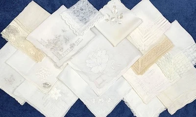 15 White Hankies Hand Machine Embroidered Lace Vintage Lot Wedding Bride - Image 1 of 4