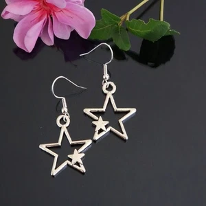 Dangle Drop Double Stars Antique Silver Earrings (51) - Picture 1 of 5