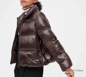 RARE Uniqlo Boxed Short Puffer Jacket Women L Shiny Brown Ultra Light 90% Down  - Picture 1 of 8