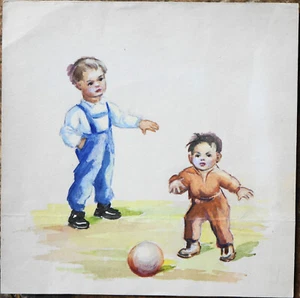 Vintage gouache painting boys playing ball children 20 x 20 cm unsigned 1940s - Picture 1 of 2