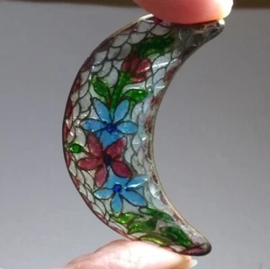 Pair Plique a Jour Enamelled Enamel Crescent Moon Flower Earrings blue & pink - Picture 1 of 16