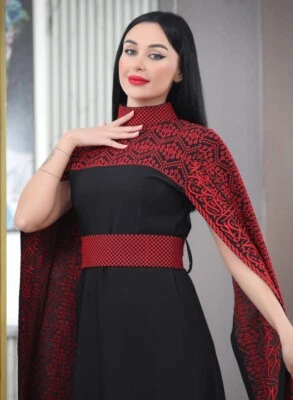 Women Palestinian Embroidered Dress Open Shoulder Drapes Traditional Tatreez - Image 1 of 4