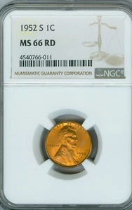 1952-S Lincoln cent Graded MS66 RD by NGC - Picture 1 of 3