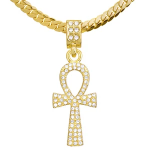 Collar de cadena Miami de 20" 24" con colgante de cruz de Ankh tono helado MCP 1114 para hombre - Imagen 1 de 8