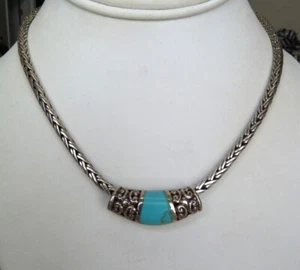 SQUARED WHEAT CHAIN STERLING SILVER REMOVEABLE TURQUOISE INLAY PENDANT NECKLACE - Picture 1 of 7