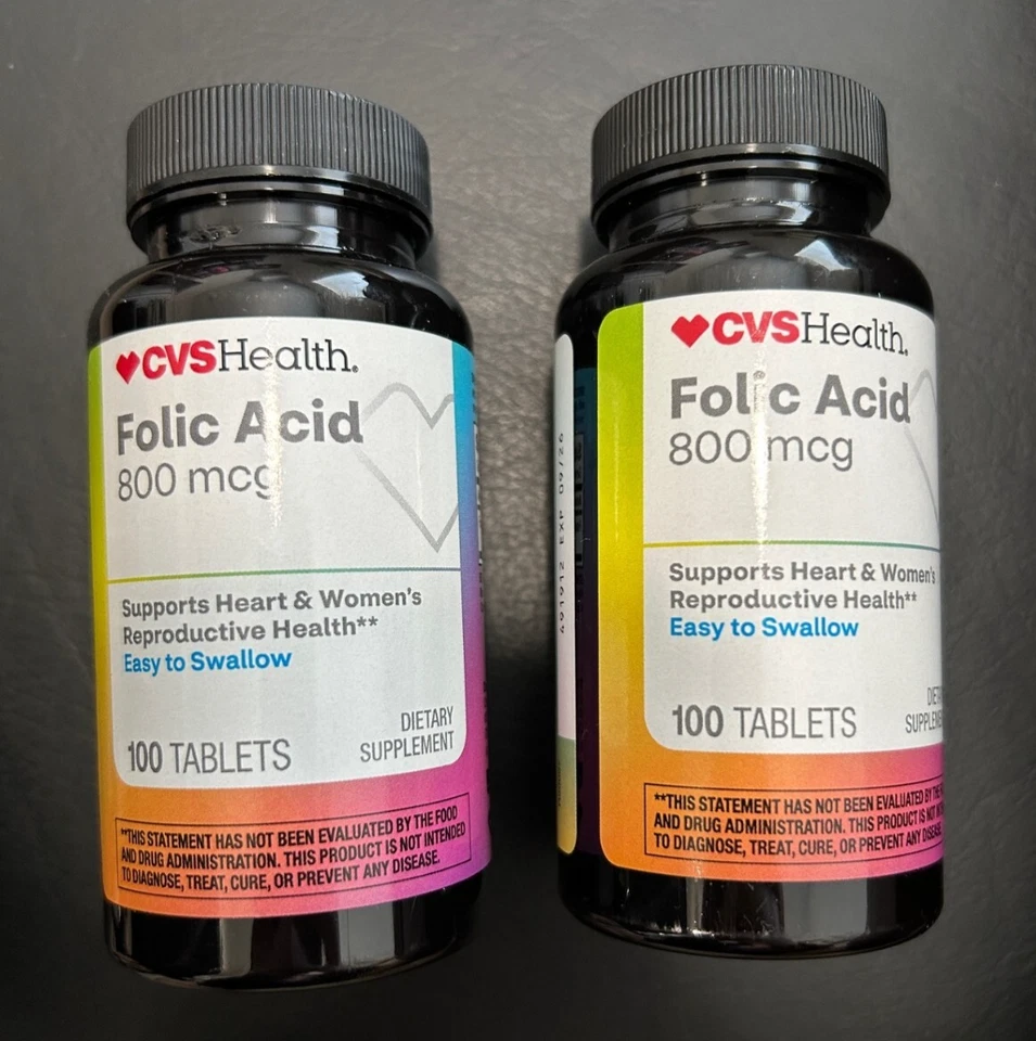 Lote 2 Suplemento Dietético CVS Health Ácido Fólico Folato 800 mcg 200 Ct (100 ea) Foto 1 de 3