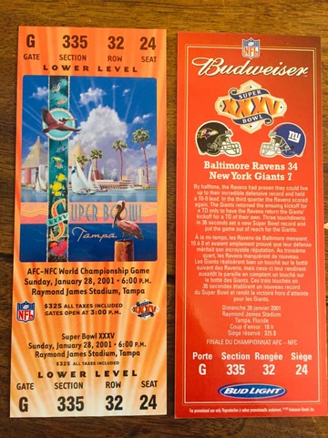 🎊Super Bowl 35 XXXV🎊 2001 2000 Baltimore Ravens Full Size REPLICA Ticket Cover