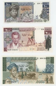 Mauritania 100, 200 & 1000  Ouguiya 1975-77 P 3A, 3B & 3C UNC Not Issued NEW - Picture 1 of 8