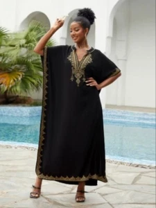 LUXURIOUS EMBROIDERED BLACK & GOLD VISCOSE ONE SIZE KAFTAN/DRESS/BEACH COVER UP - Picture 1 of 1
