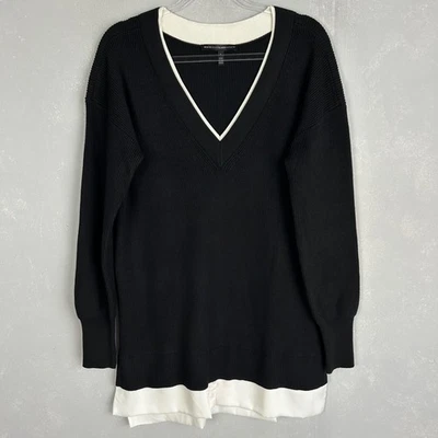 White House Black Market size L rib knit long sweater twofer black wool blend - Image 1 of 4