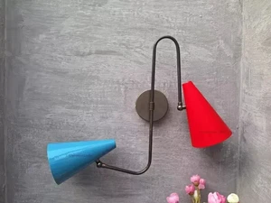 1950s Mid Century Brass Wall Sconce Curved Shade Swing Arm Wall Light Fixture - Picture 1 of 7