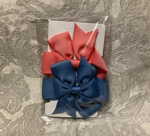 Coral & Blue Hair Bow Clips Grosgrain Ribbon Pinwheel Bow Clip Hair Barrette Set - Picture 1 of 6