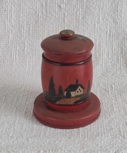 Antique Handpainted Box Lidded Am. Folk Art Wood Lacquer Red Farmhouse Old SMALL - Picture 1 of 24