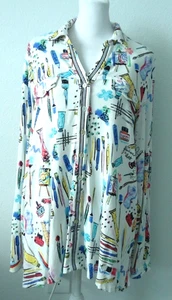 Ali Miles  Novelty Print Knit Point Collar Button-Front Tunic Size-M - Picture 1 of 14