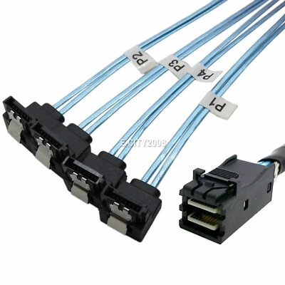 Mini SAS SFF-8643 to 4 SATA 7pin Hard Disk 6Gbps data Server RAID Angle Cable 1M - Image 1 of 4